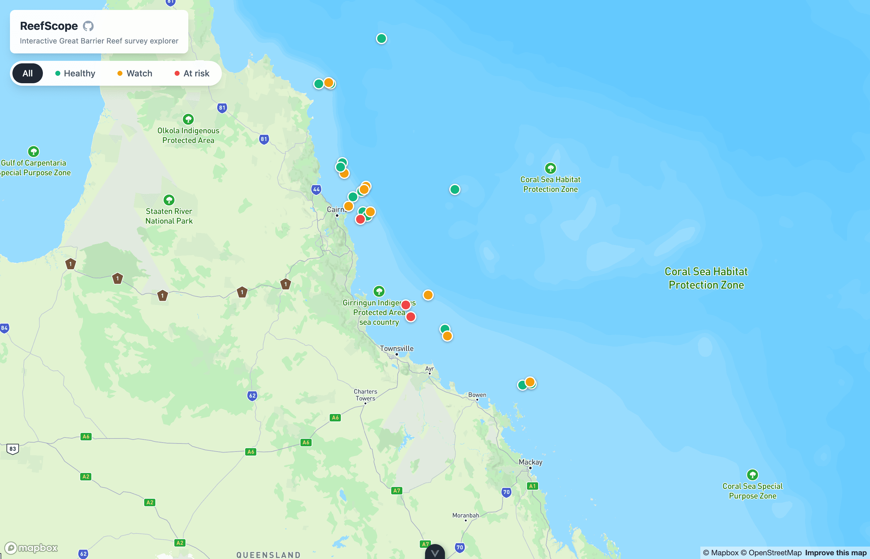 ReefScope map of the Great Barrier Reef with health-rated reef markers and a site detail panel