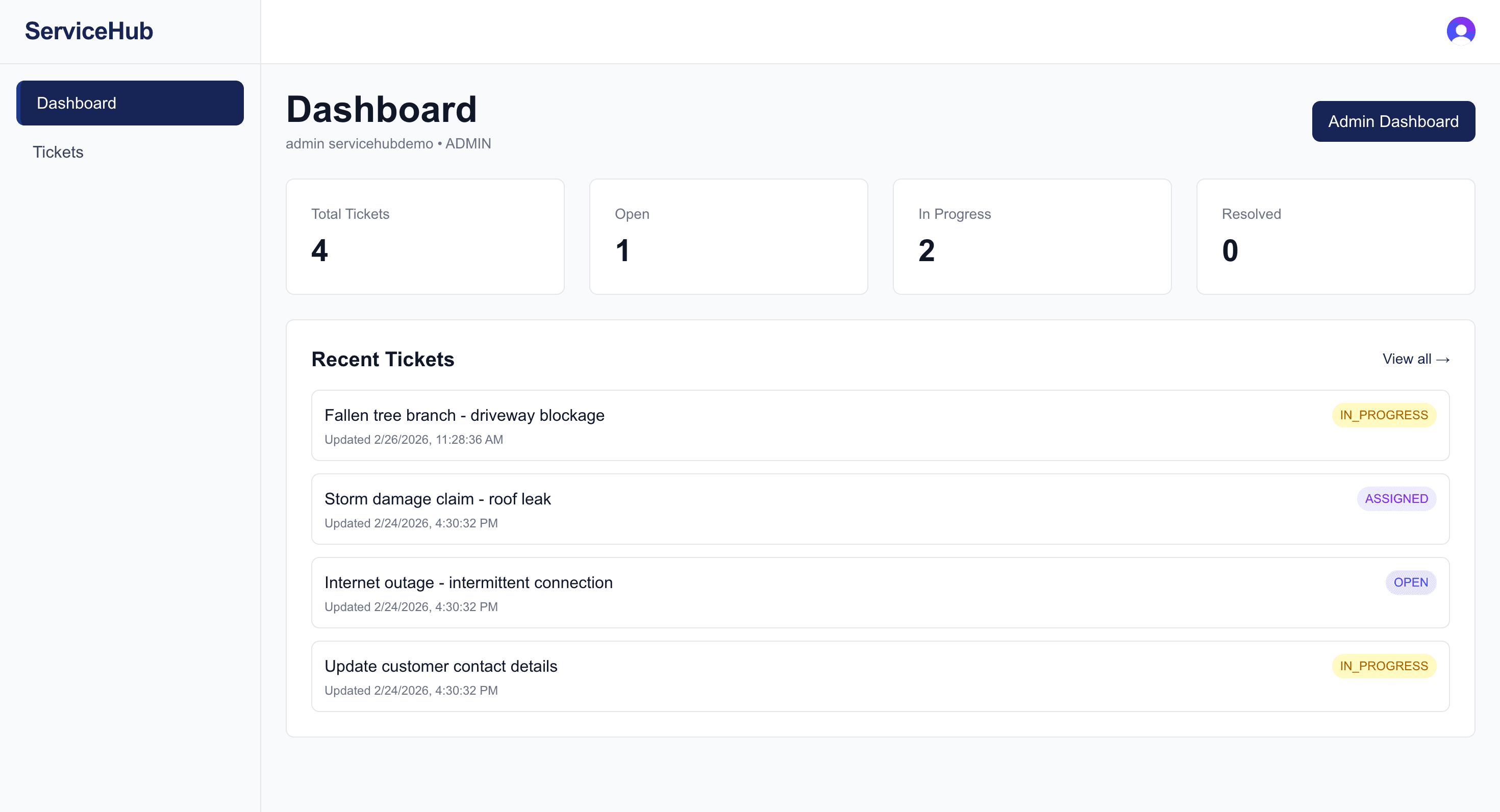 ServiceHub ticket and claims management dashboard with analytics